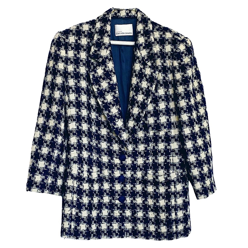 VINTAGE DANA BUCHMAN Cream/Navy Wool Houndstooth 3 Button Blazer Size 10 Long